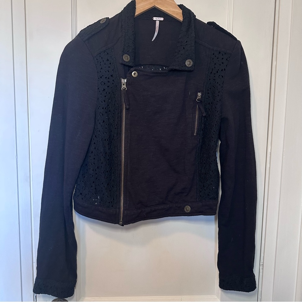 Free People Black Knit & Lace Detail Cotton Moto Jacket, Boho, Artsy